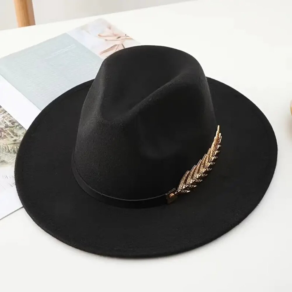 NWT Women’s Black Retro Stylish Fedora Hat with Gold-Plated Metal Leaf Decor